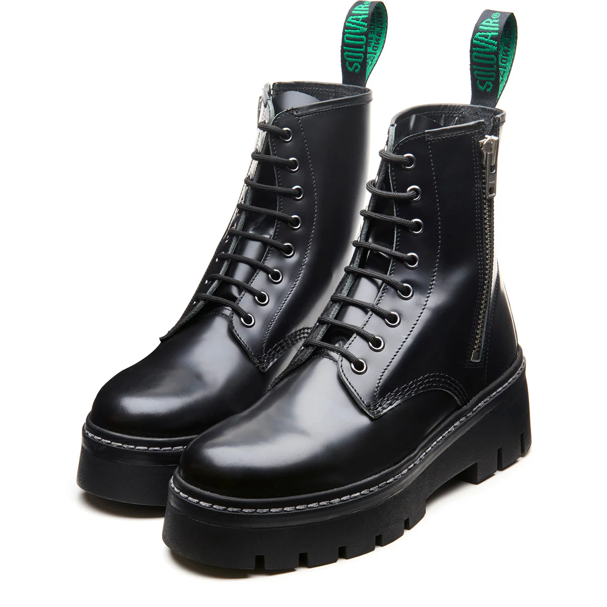 Black Hi-Shine 8 Eye Zipped Platform Derby Boot